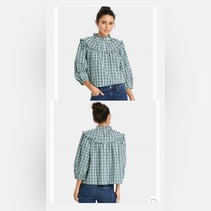 Universal Thread Green High Neck Ruffled Checkered Blouse